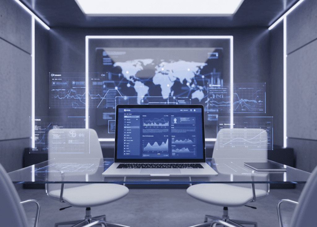 Futuristic digital agency workspace with glowing laptop showing website analytics and UI elements in indigo tones, symbolizing strong online presence and digital transformation in 2025