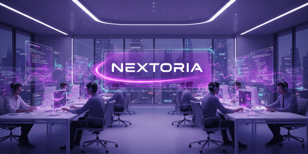 A wide-angle shot of a modern, sleek office space at night, with a city skyline visible through large windows. The office is illuminated with futuristic purple and violet lighting, casting a glow on developers seated at individual desks. Each developer interacts with multiple holographic screens displaying lines of code and abstract data visualizations. In the center of the room, a large, glowing purple and violet rectangular outline frames the word "NEXTORIA" in a stylized, modern font, symbolizing speed and innovation. The overall aesthetic is minimalistic and high-tech.