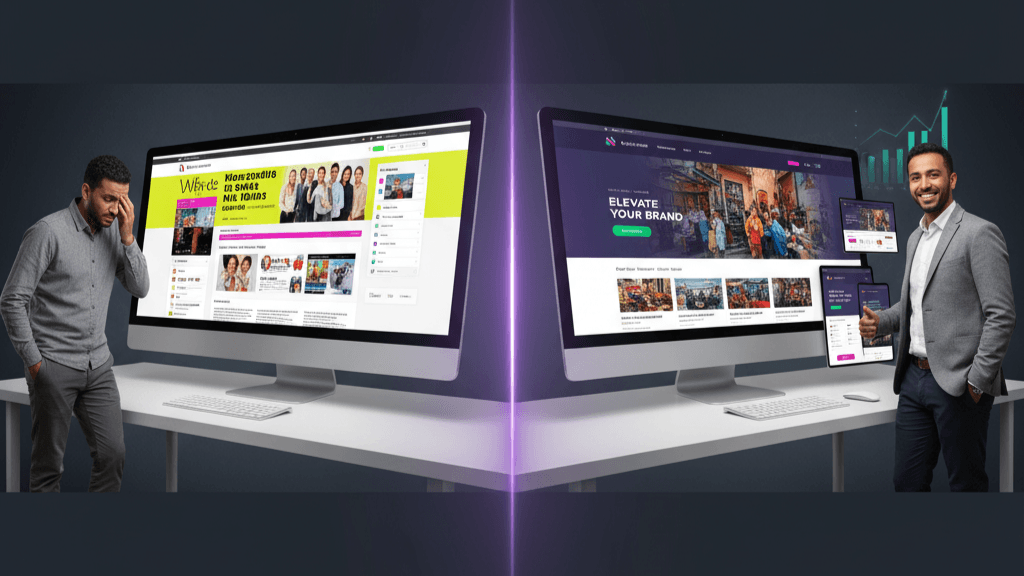 A split image showing an old, cluttered, and poorly designed website on one side, and a sleek, modern, and user-friendly website on the other, symbolizing transformation.